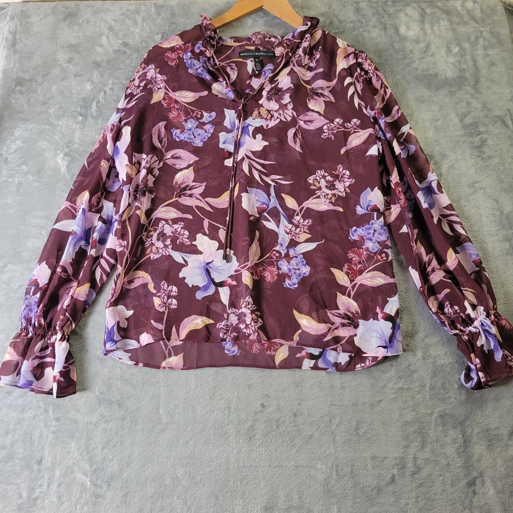 WHBM Burgundy Floral Sheer Tie Neck Top XS Cottagecore Whimsigoth Ruffle